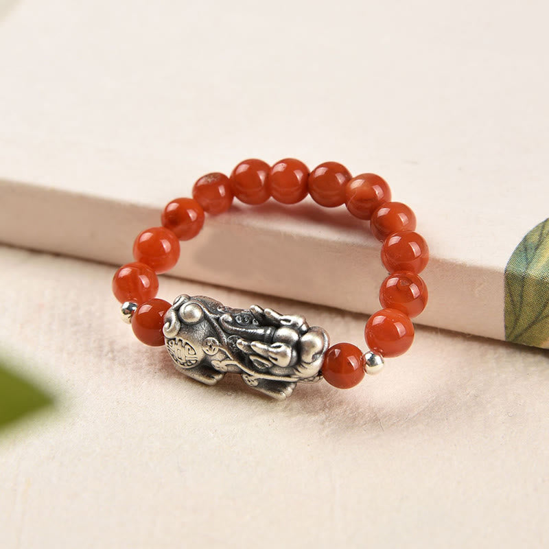 925 Sterling Silver Natural Garnet Moonstone Red Agate PiXiu Wealth Ring