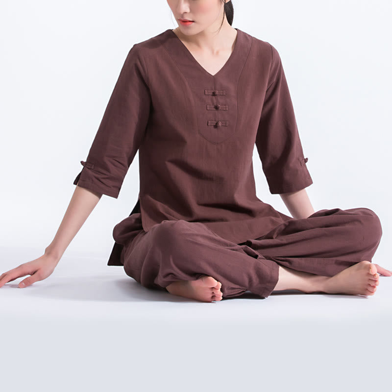 Yoga Meditation Prayer V-neck Design Cotton Linen Clothing Uniform Zen Practice Women's Set