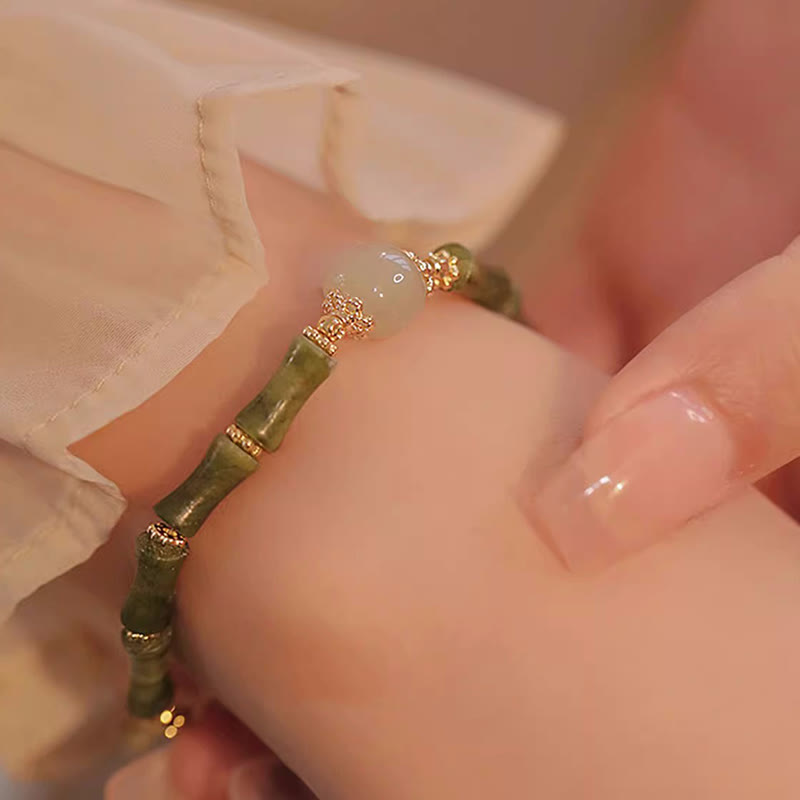 14K Copper Plated Peridot Hetian Jade Bamboo Pattern Luck Bracelet