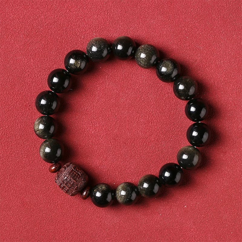 Natural Gold Sheen Obsidian Rainbow Obsidian Om Mani Padme Hum Fu Character Healing Bracelet