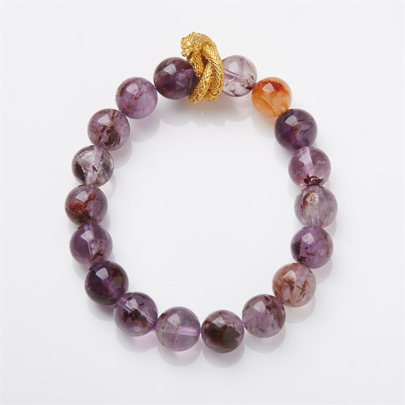 Purple Phantom & Red Hematoid Quartz Gold-Plated Copper Dragon Beaded Bracelet