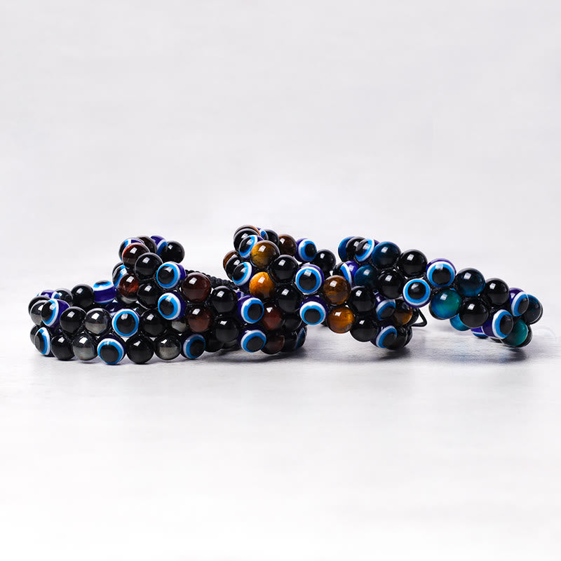 Handmade Evil Eye Hematite and Tiger Eye Adjustable Beaded Bracelet for Men and Women