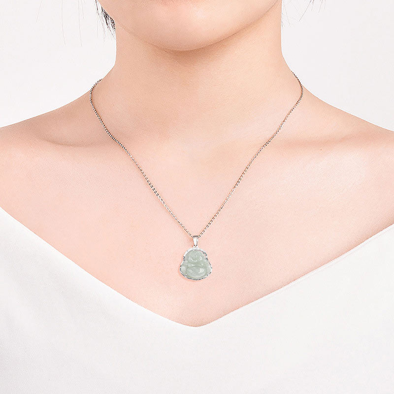 925 Sterling Silver Laughing Buddha Jade Luck Calm Necklace Chain Pendant
