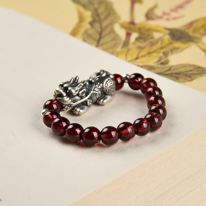 925 Sterling Silver Natural Garnet Moonstone Red Agate PiXiu Wealth Ring