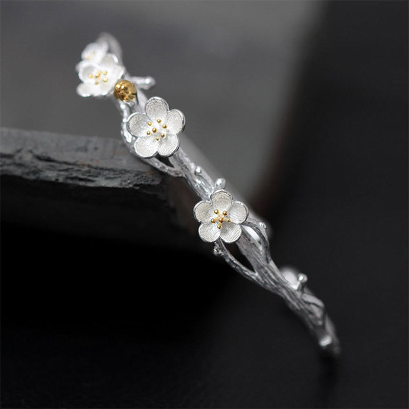 925 Sterling Silver Plum Flower Blessing Bracelet Adjustable Bangle