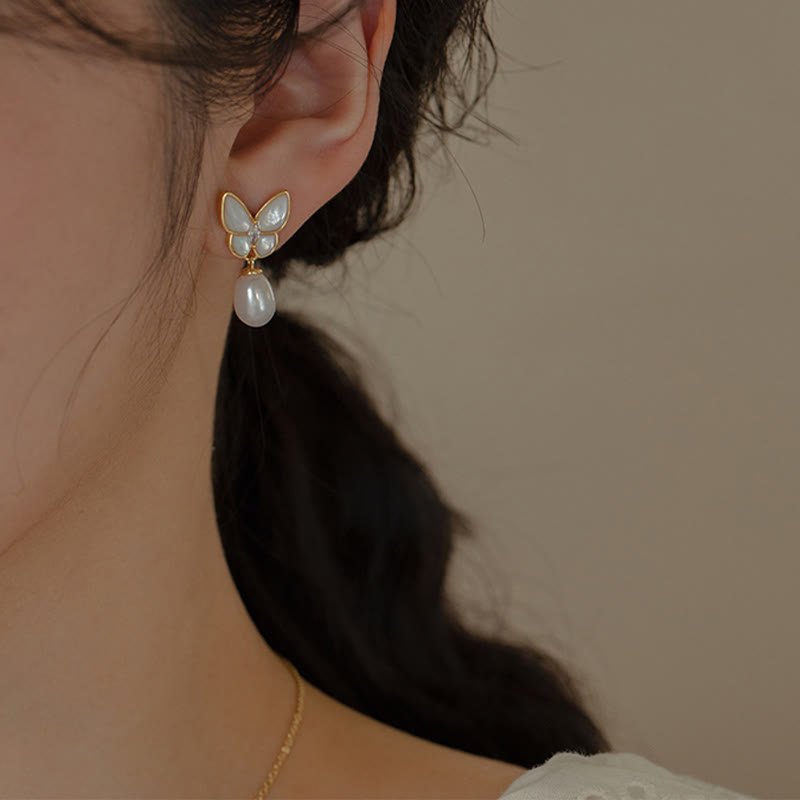 14K Gold Plated Copper Pearl Tridacna Stone Butterfly Blessing Ring Bracelet Necklace Pendant Earrings Set