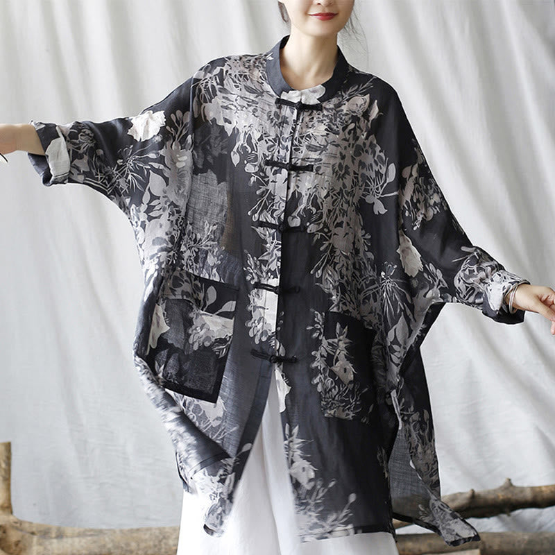 Ramie Linen Floral Stand-Collar Mindful Layering Jacket Shirt