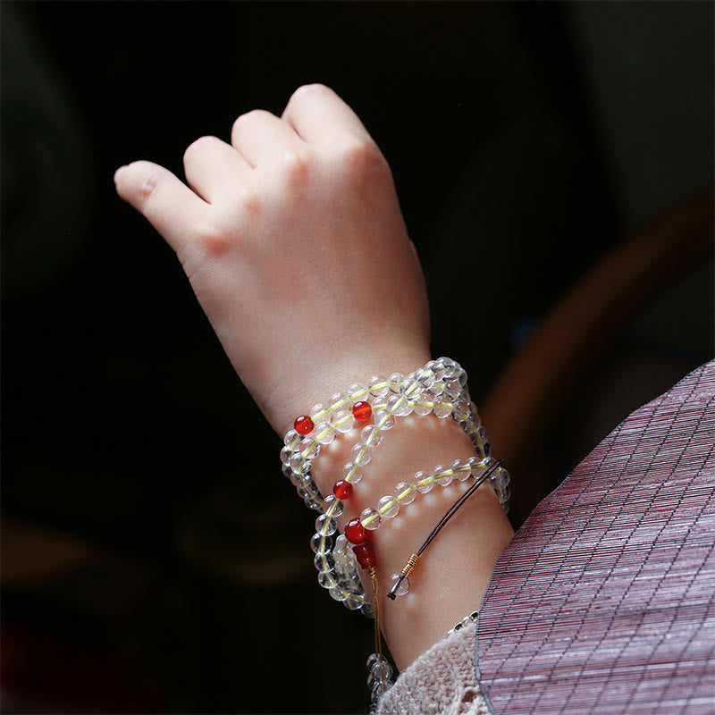 108 Mala Beads 925 Sterling Silver Natural White Agate Red Agate Quadruple Wrap Protection Bracelet