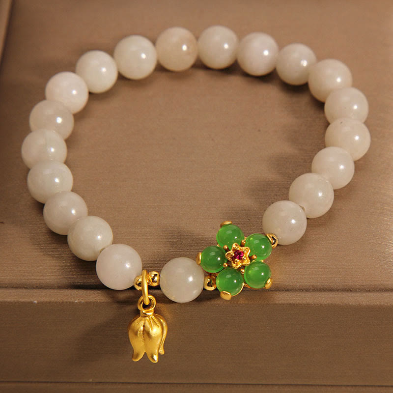 Natural Jade Green Flower Lily Of The Valley Luck Bracelet