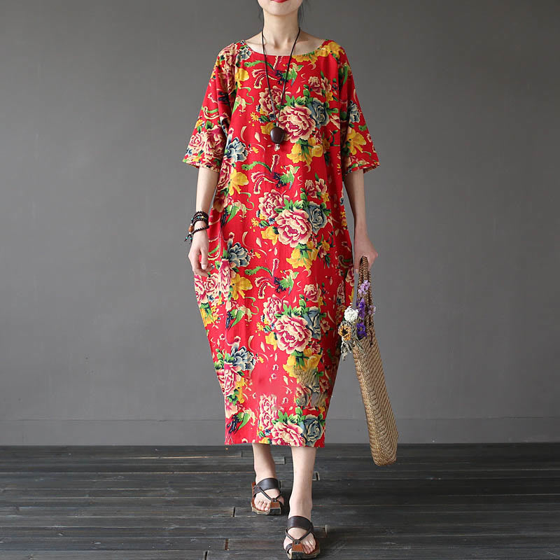 Red Peony Flowers Printed Midi Dress Half Sleeve Cotton Linen Dress
