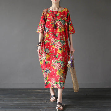 Red Peony Flowers Printed Midi Dress Half Sleeve Cotton Linen Dress