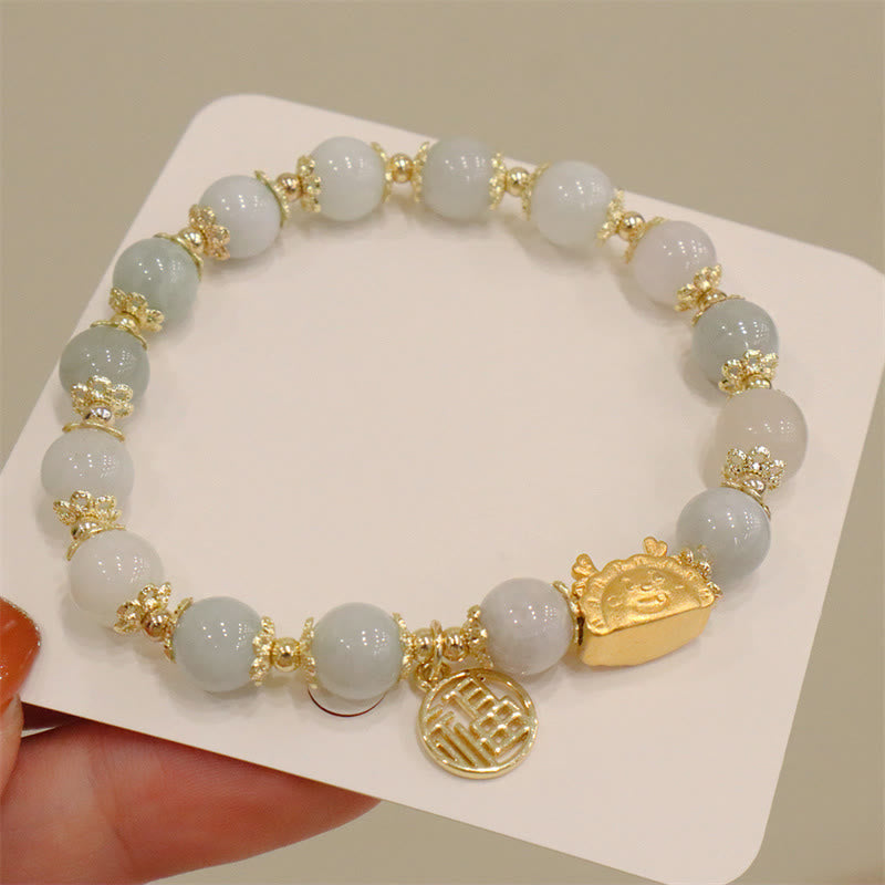 Year Of The Dragon Red Agate Strawberry Quartz Black Obsidian Jade Garnet Pearl Cinnabar Dumpling Dragon Luck Fu Character Bracelet