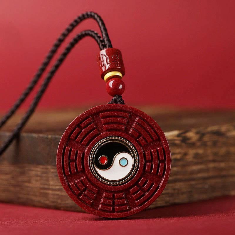 Natural Cinnabar Bagua Rotatable Yin Yang Keep Away Evil Spirits Necklace Pendant