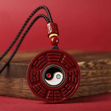 Natural Cinnabar Bagua Rotatable Yin Yang Keep Away Evil Spirits Necklace Pendant
