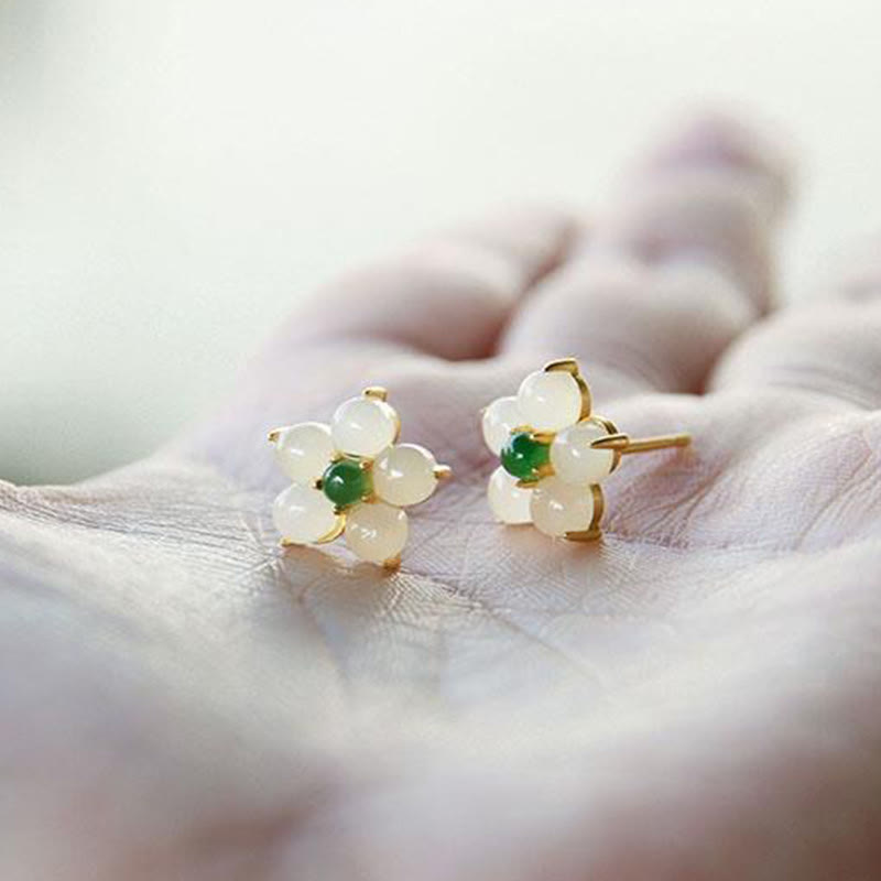White Jade Flower Luck Blessing Stud Earrings