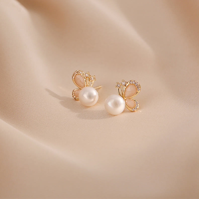 18k Gold Plated Natural Pearl Butterfly Stud Earrings