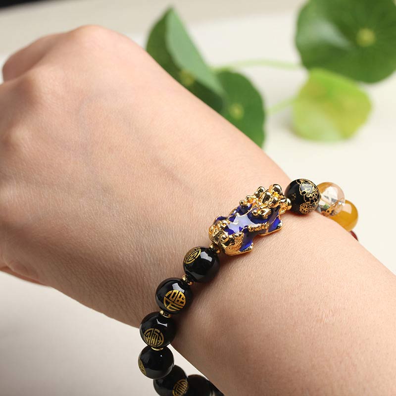 Color-Changing Pixiu & Five Elements Black Obsidian Beaded Bracelet