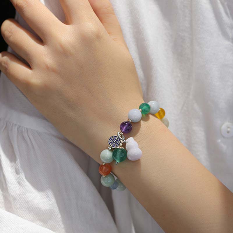 Multi-Gemstone Wu Lou Gourd 10mm Beaded Bracelet with Jade, Rose Quartz, Citrine & Amethyst