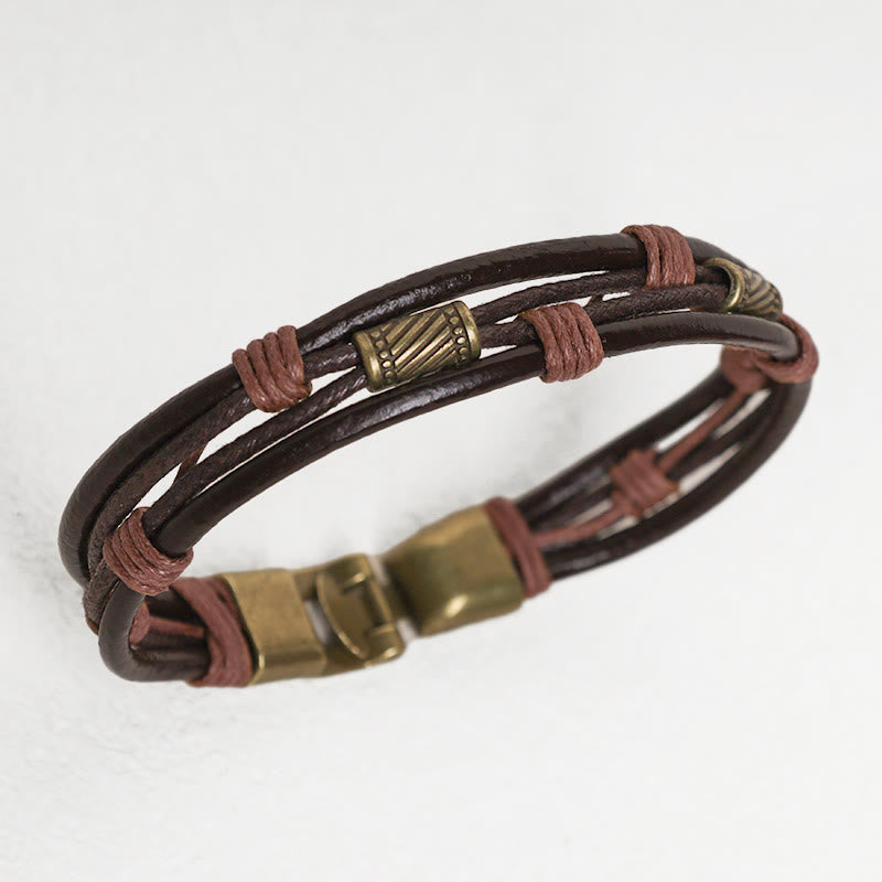 Vintage Leather Wrist Band Brown Rope Layered Bracelet Bangle
