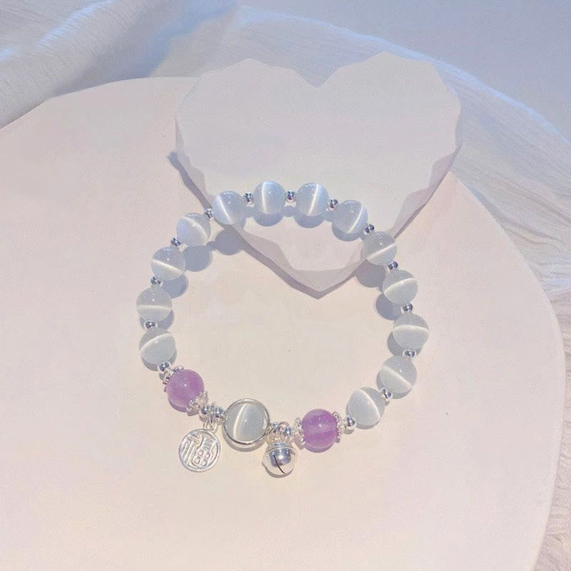 Cat's Eye Amethyst Fu Character Bell Charm Support Bracelet