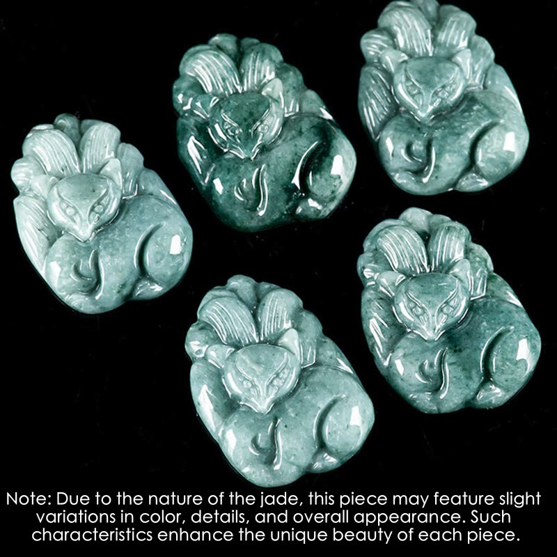 Natural Green Jade Nine Tailed Fox Engraved Prosperity Necklace Pendant