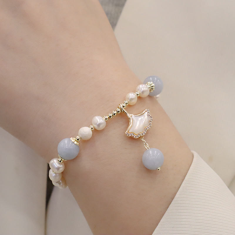 Natural Aquamarine Pearl Seashell Charm Bracelet with Ginkgo Leaf or Butterfly Accents