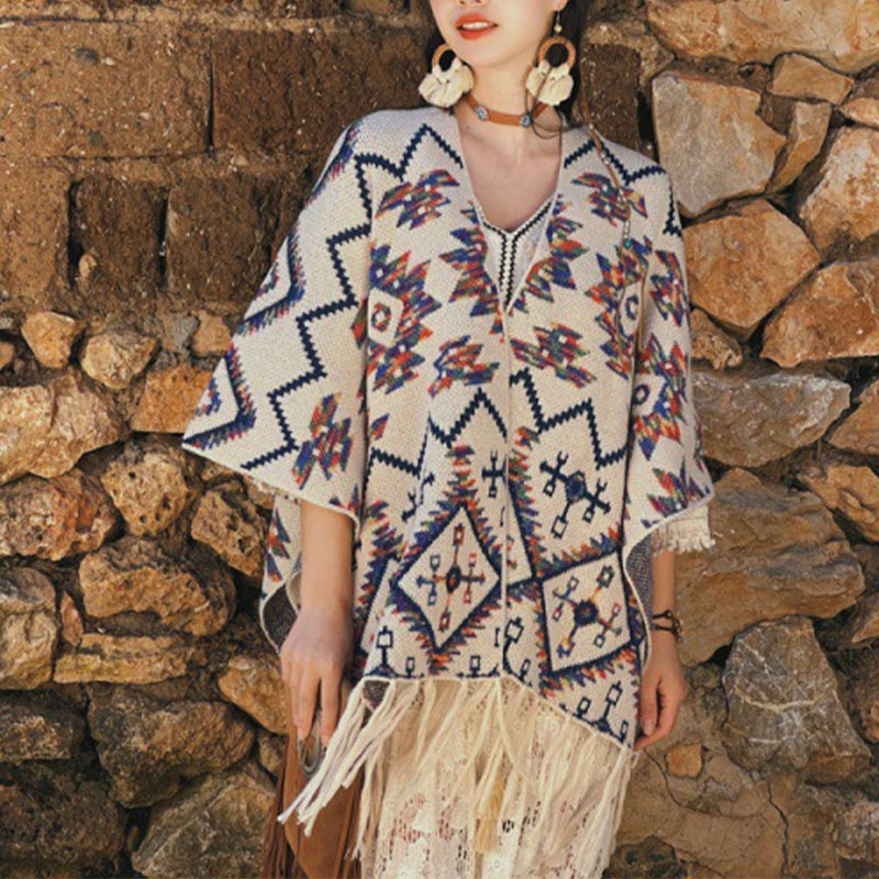 Tibetan Shawl Striped Geometry Pattern Winter Cozy Travel Knitted Scarf Wrap