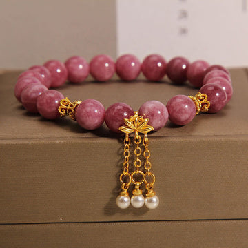 Delicate Pink Tourmaline and Pearl Lotus Flower Beaded Bracelet