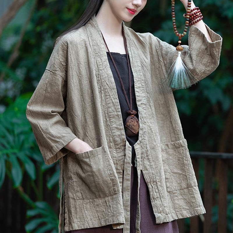 Hanfu Design Three Quarter Sleeve Ramie Linen Coat Open Front Top Jacket