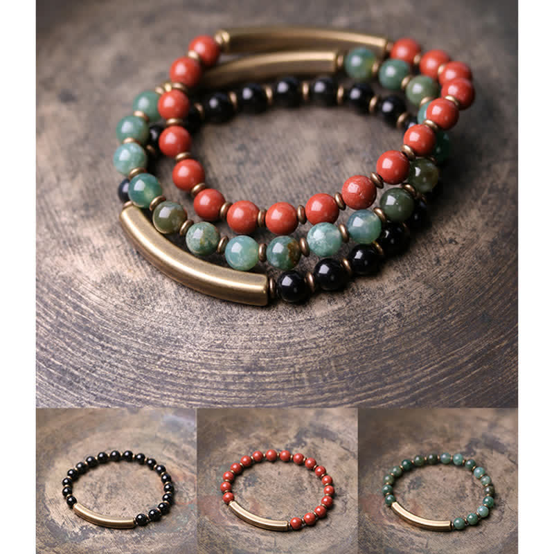 Handmade Red Jasper Moss Agate or Black Obsidian Copper Wrap Couple Bracelet