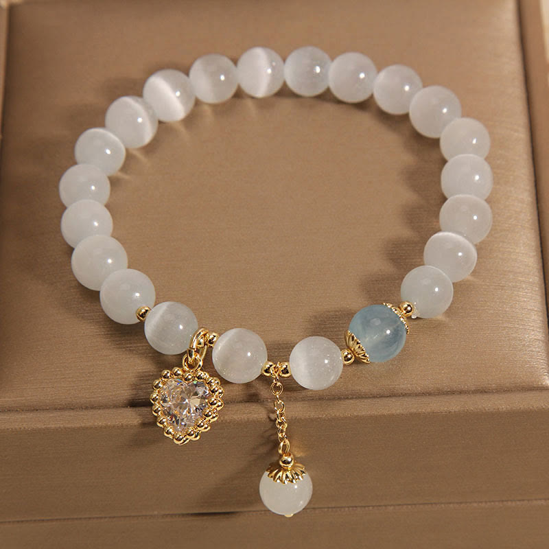 Cat's Eye and Blue Quartz Heart Zircon Charm Beaded Bracelet