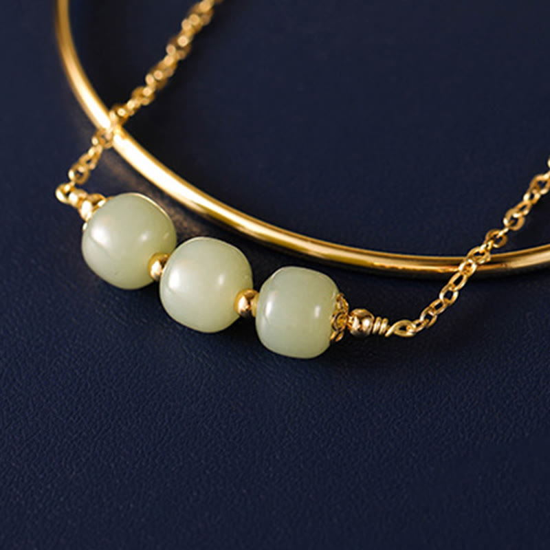 Copper Plated Gold Hetian Jade Bead Luck Double Layer Bracelet Bangle