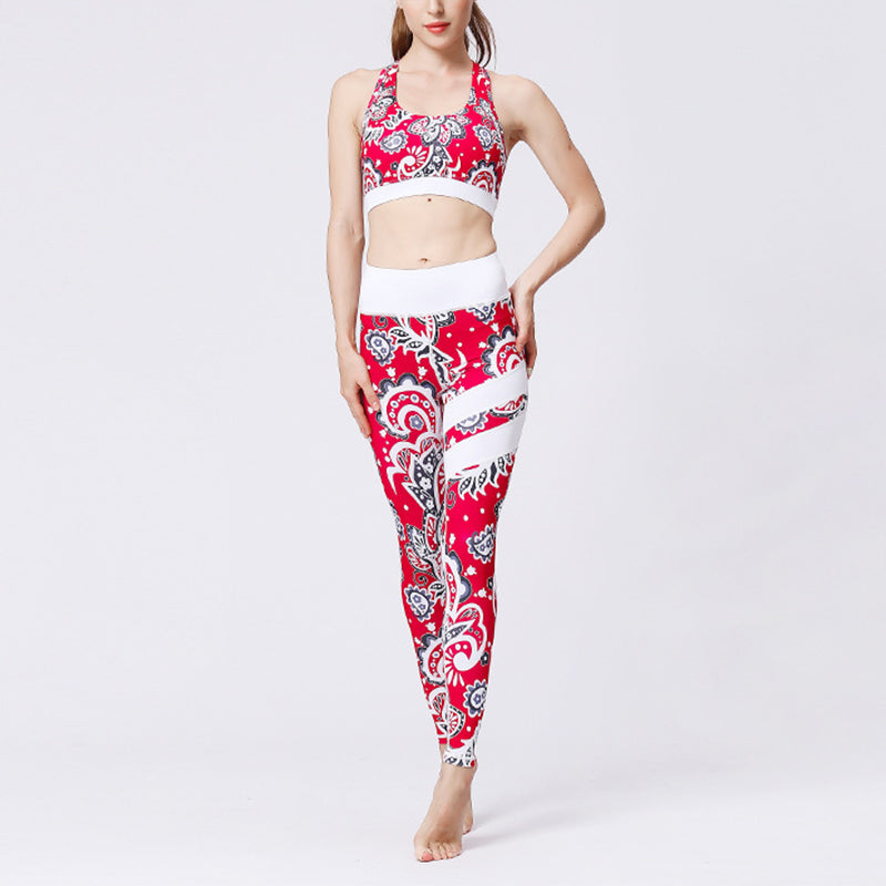 2Pcs Sunflower Flowers Leaves Print Top Pants Sports Fitness Yoga Women's Yoga Sets