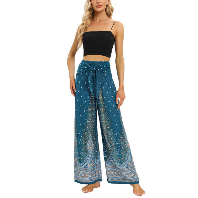 Boho Peacock Feathers Lace-up Wide Leg Pants Women's Yoga Pants