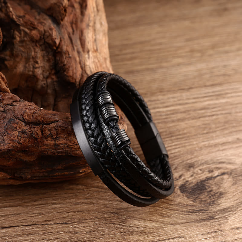 Leather Multi-Layer Titanium Steel Balance Braided Magnetic Buckle Bracelet