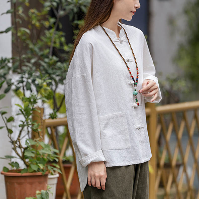 Frog-Button Design Shirt Tai Chi Meditation Top Clothing Ramie Linen Jacket