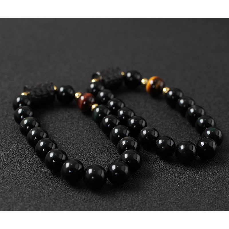 Ebony Wood & Black Obsidian Gold Sterling Silver Tiger Eye Beaded Couple Bracelet