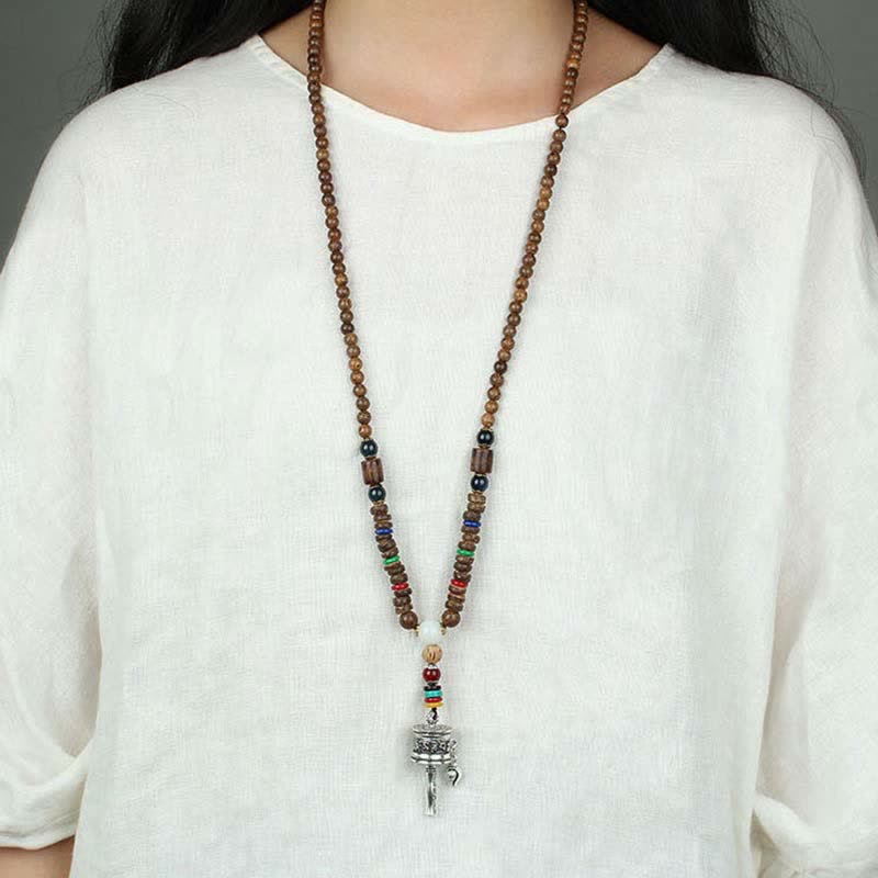 Tibetan Om Mani Padme Hum Prayer Wheel Rotation Vajra Wood Necklace Pendant