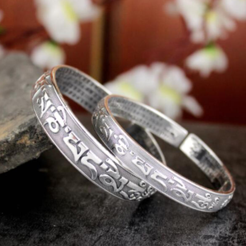 Tibetan White Copper & Sterling Silver Om Mani Padme Hum Sanskrit Engraved Meditation Bangle