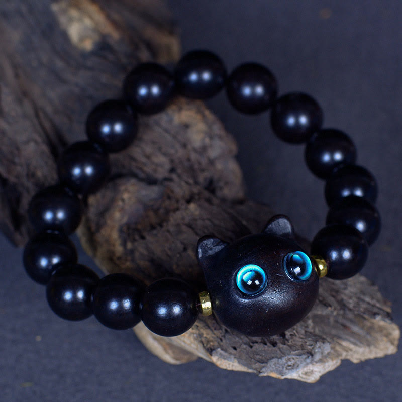 Natural Ebony Wood and Liuli Glass Lucky Cat Beaded Bracelet for Cat Lovers