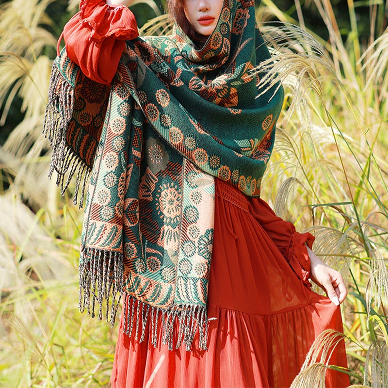 Tibetan Flower Floral Leaves Pattern Design Shawl Cozy Travel Scarf Wrap