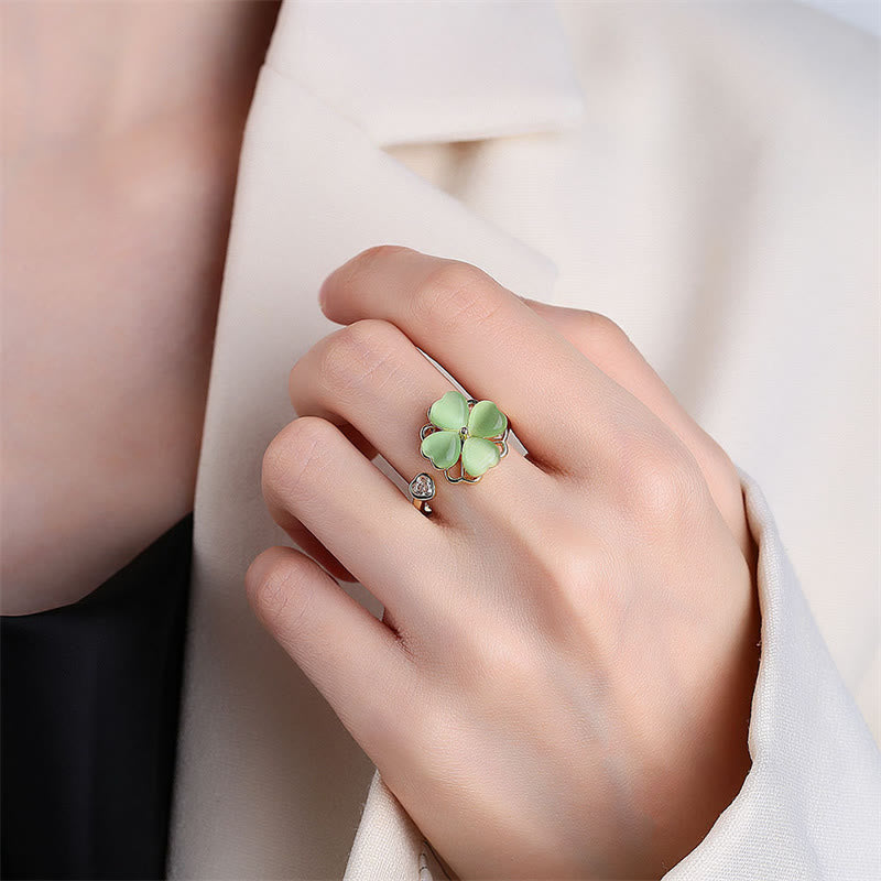 Cat's Eye Four Leaf Clover Zircon Love Rotatable Ring