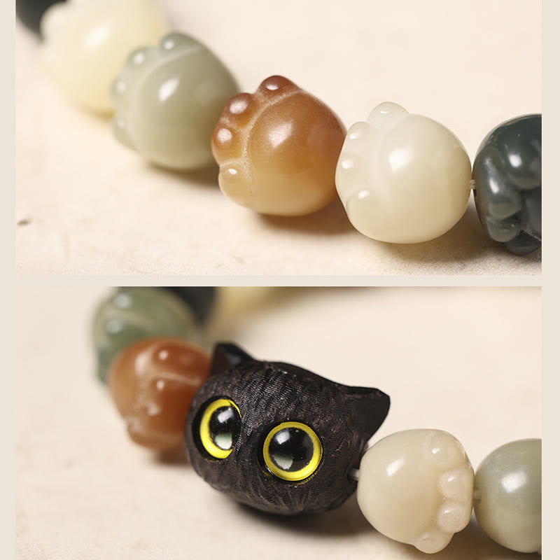 Natural Bodhi Seed Lovely Paw Ebony Wood Lucky Cat Wisdom Bracelet