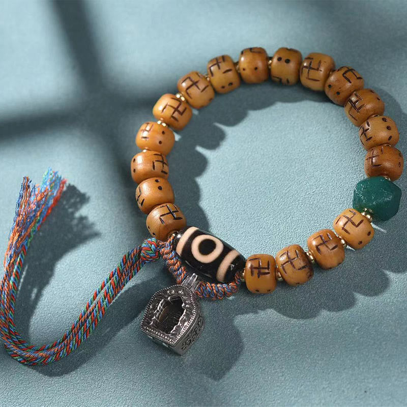 Natural Tibetan Camel Bone Bracelet with Dzi Bead, Shankha, or Kirtimukha Charms