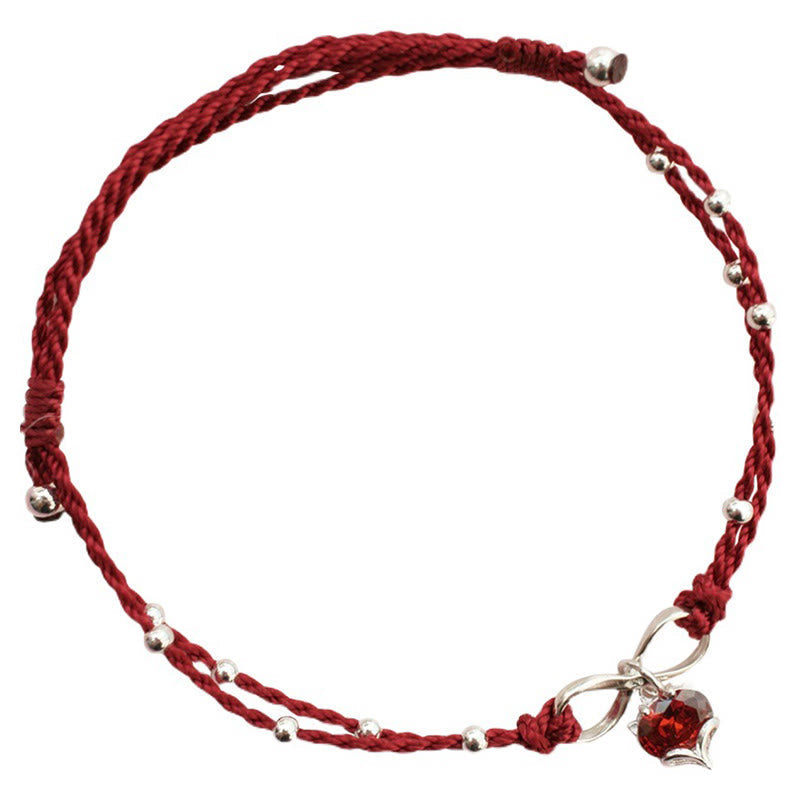 Sterling Silver & Copper Heart Infinity Braided Red String Anklet