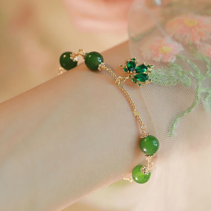 14k Gold Plated Green Chalcedony Maple Leaf Courage Strength Bracelet