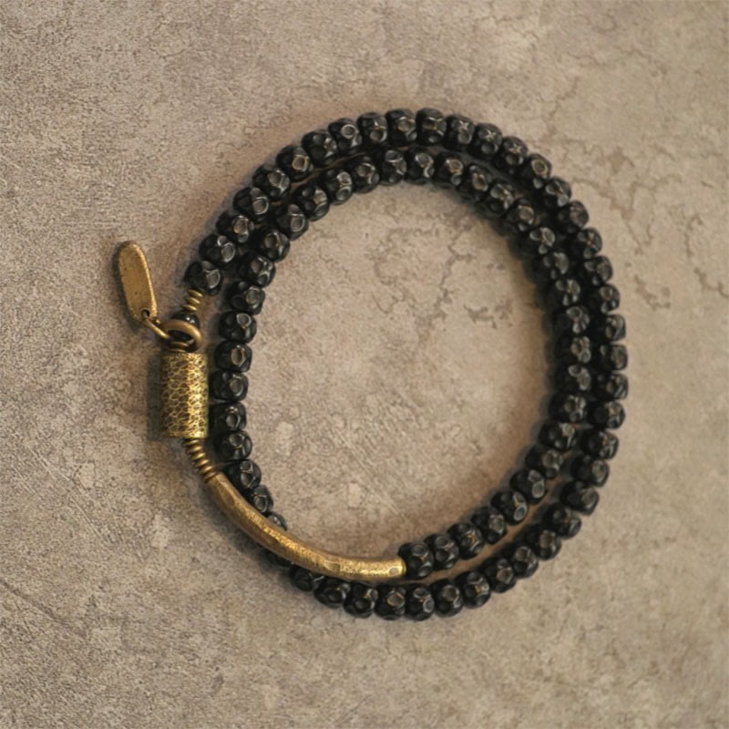 Retro Coconut Shell with Brass and Copper Accents Triple Wrap Bracelet