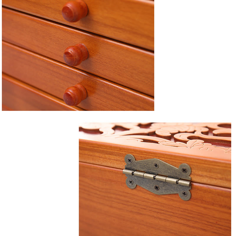 Vintage Floral Carved Paulownia Wood Six-Layer Large Capacity Jewelry Box