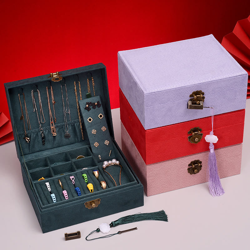 Elegant Two-Layer Flannel Jewelry Box Organizer with Secure Lock