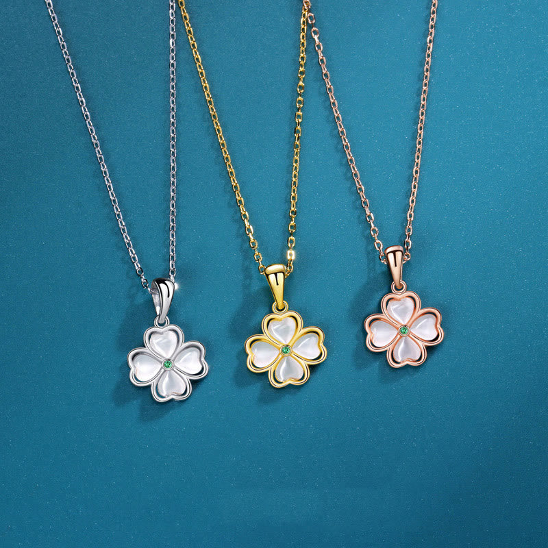 925 Sterling Silver Four Leaf Clover Chrysoberyl Cat Eye Love Necklace Pendant (Extra 35% Off | USE CODE: FS35)